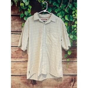 Simms Fishing Shirt Short Sleeve Light Green Cream Plaid Button Up Men's XL